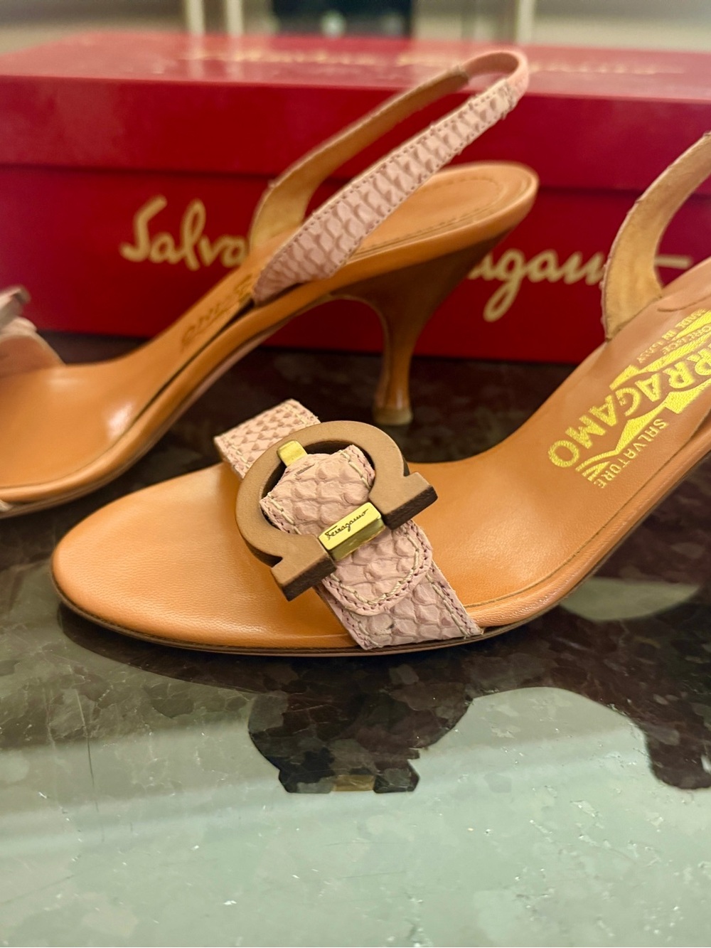 Salvatore Ferragamo Tan and Pink Slingback Heels Size 6.5 AA - Picture 4 of 9